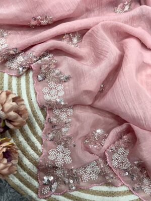 Women's Soft Pink Organza Saree with Delicate Pearl & Sequin Floral Embroidery – Lightweight Sheer Drape for Festive, Wedding & Party Wear