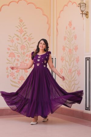 Women's Elegant Plum Purple Georgette Anarkali Gown with Butterfly Applique & Ruffle Sleeves – Festive & Special Occasion Wear